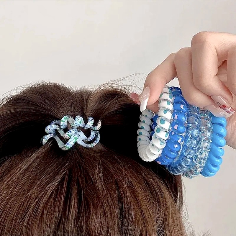 Bộ 6 dây buộc tóc CHLINS bằng cao su đàn hồi thiết kế dây điện thoại màu kẹo cho nữ