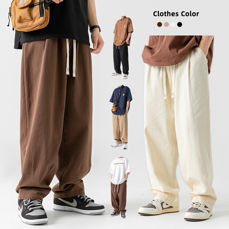 ◐Bộ Áo Thun cotton Tay Dài In Họa Tiết Phối Quần Dài Xếp Ly Thời Trang Xuân Hè Cho Nam