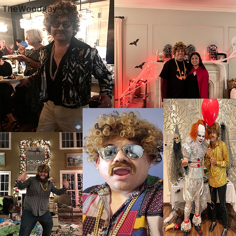 Thewoodgay 1 bộ nam giới màu đen ngắn xoăn tổng hợp cosplay tóc giả vàng nâu những năm 70 80 disco mustache chuỗi vàng halloween trang phục bên tóc giả en