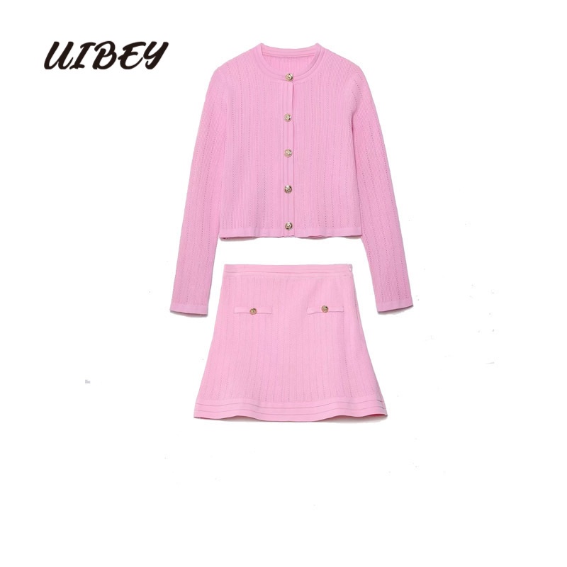 Thời trang uibey áo khoác dệt kim dài tay cổ tròn + váy nửa dài 2897