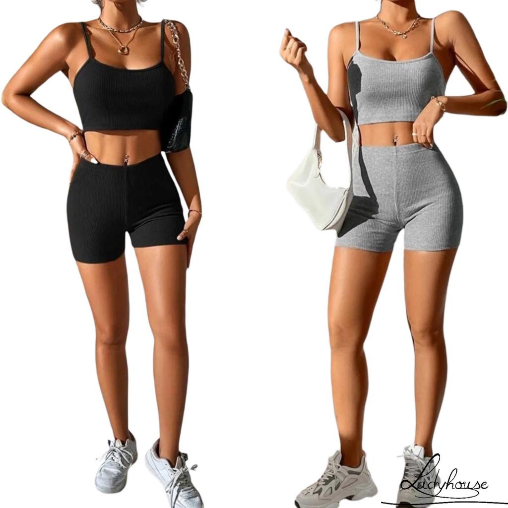 Set Đồ Mùa Hè 2 Món Gồm Áo Hai Dây Gân Gân + Quần Ngắn Eo Cao Cho Nữ Tập yoga