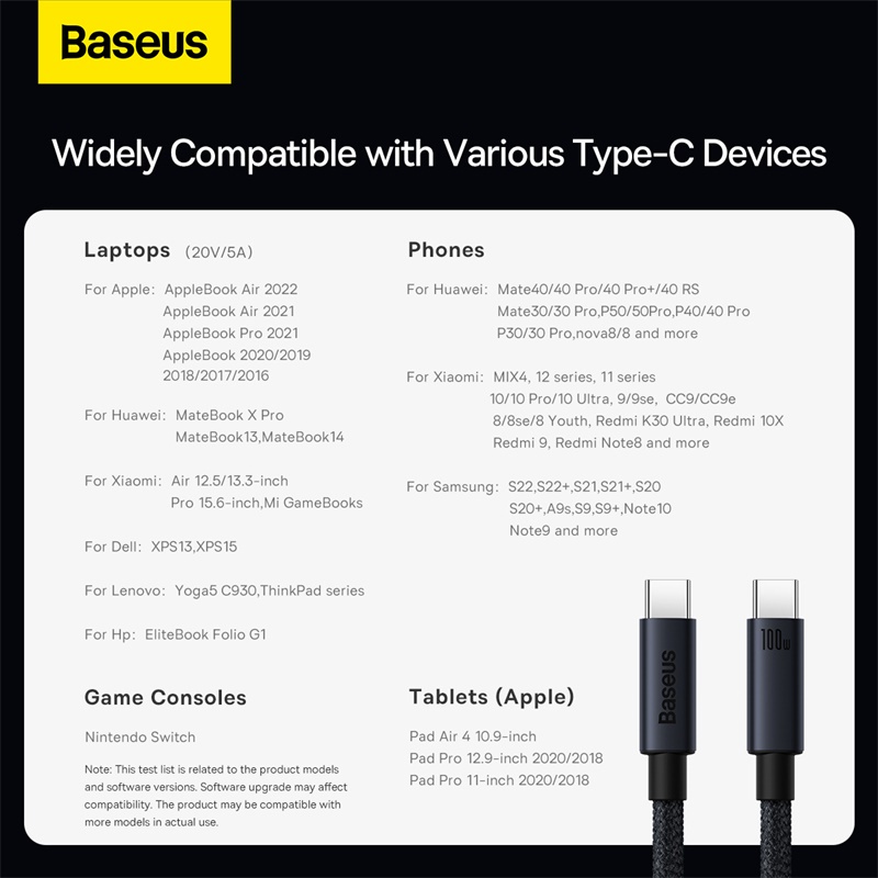 Cáp sạc nhanh Baseus PD 100W USB-C sang Type-C thích hợp cho Xiaomi Samsung MacBook iPad