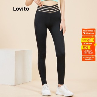 Quần legging Lovito lưng cao họa tiết sọc màu tương phản phong cách thể thao L15X222 (màu đen)