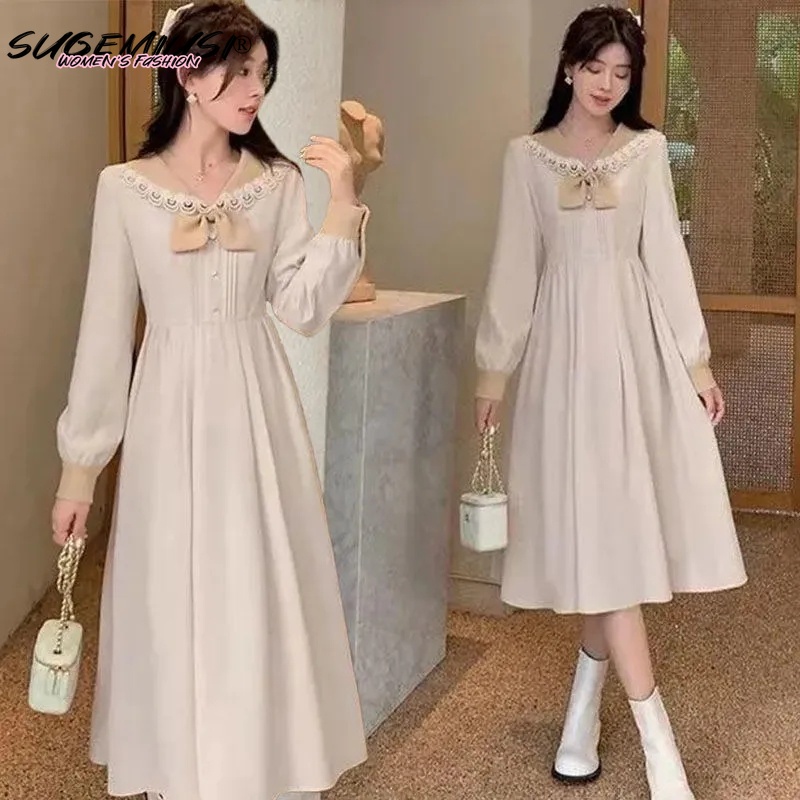 Đầm SUGEMIUSI ôm eo dáng lửng tay dài cổ sơ mi thời trang mùa thu kiểu Pháp mới cho nữ