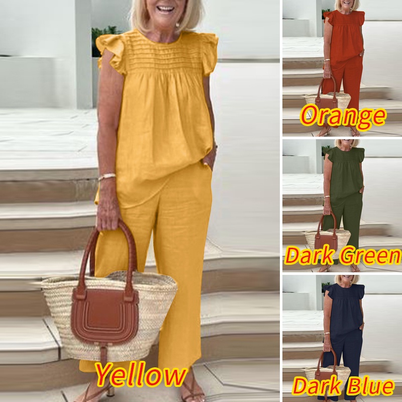 Bộ đồ ZANZEA gồm áo không tay phối bèo và quần dài lưng thun màu trơn có túi bên hông thời trang cho nữ