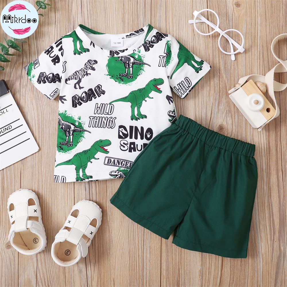 Set đồ mùa hè 2 món MIKRDOO gồm áo tay cộc in họa tiết khủng long + quần short cho bé trai 1-5 tuổi