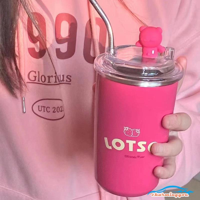 450Ml Losto Hình Gấu Dâu Dễ Thương Cốc Hoạt Hình Cốc Nước Hồng Có Ống Hút Cà Phê Cầm Tay Bằng Thép Không Gỉ