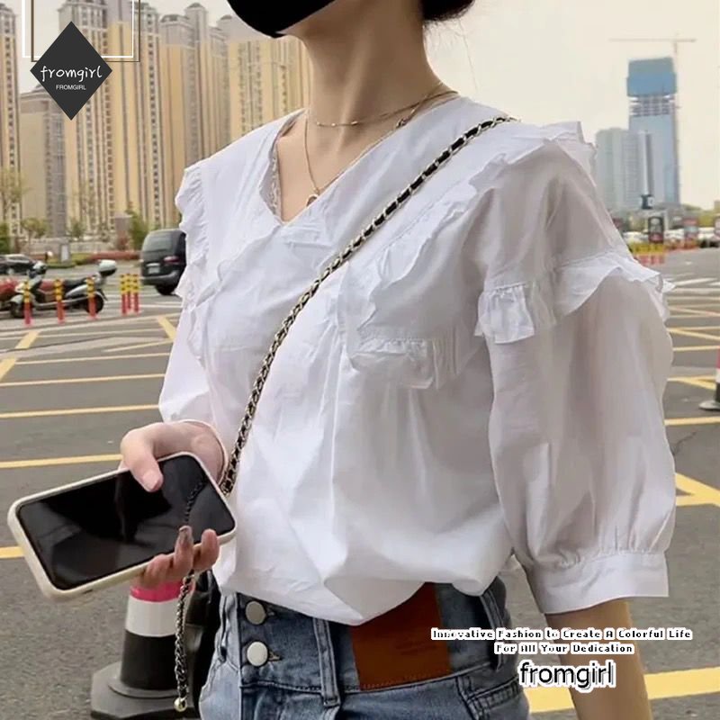 Áo Sơ Mi Tay Ngắn Phồng Cổ Búp Bê Thời Trang Mùa Hè