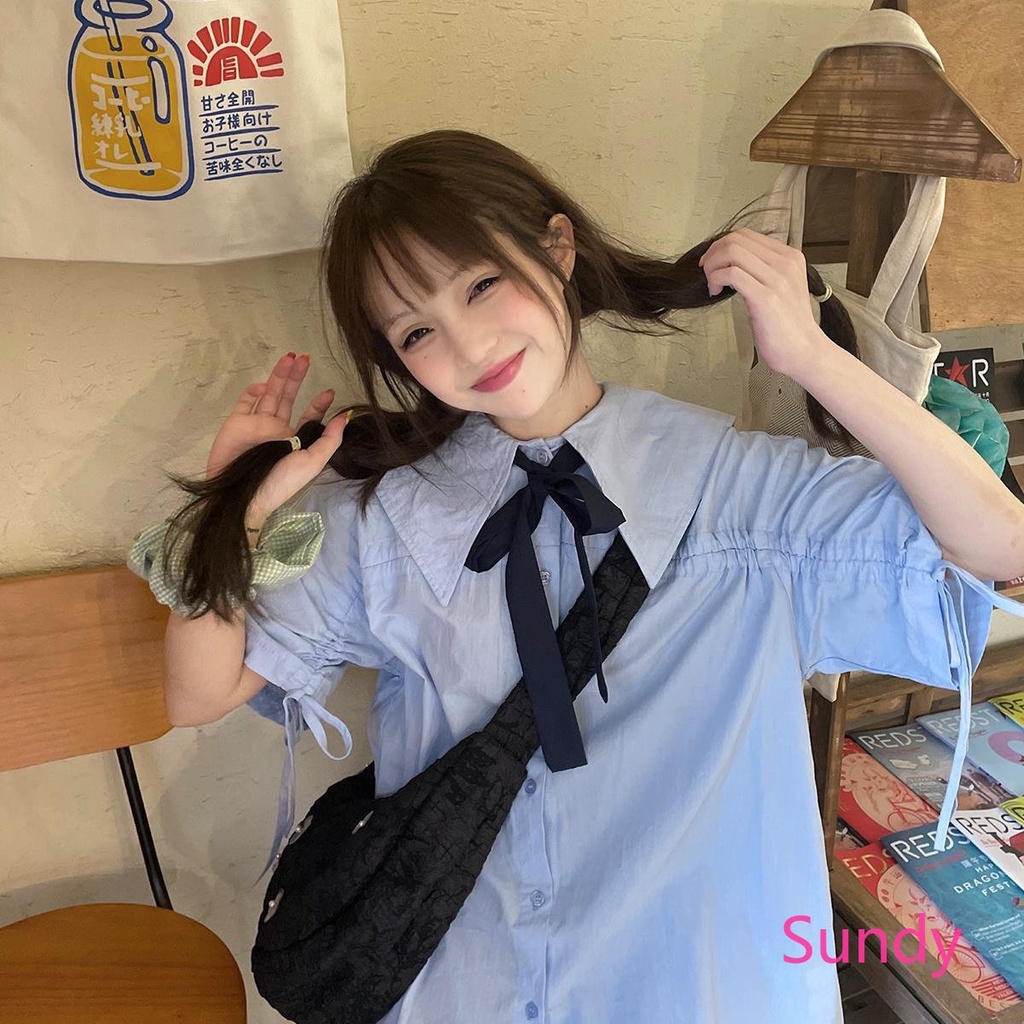 Áo Sơ Mi Xanh Dương Dáng Rộng Phối Dây Rút Thời Trang Mùa Hè Dành Cho Nữ Plus Size