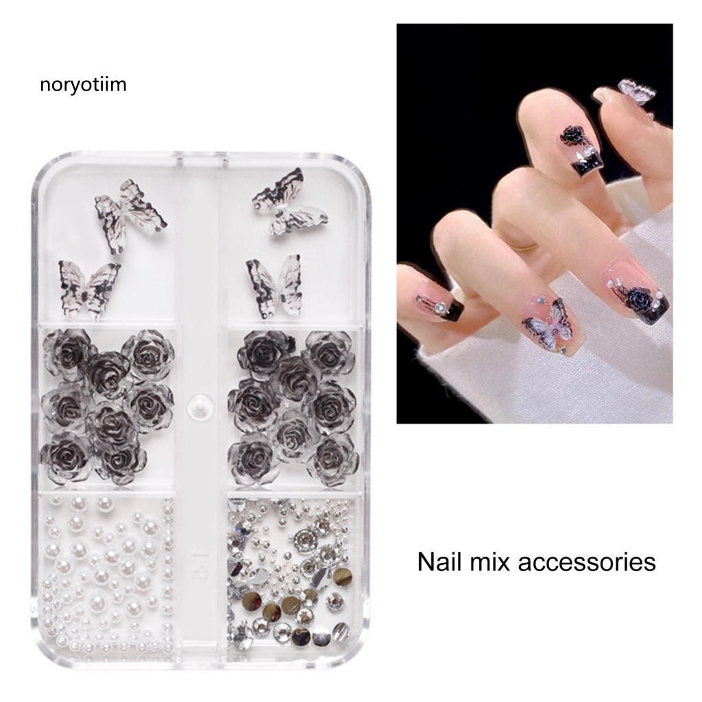 1 Hộp Phụ Kiện Trang Trí Móng Tay Hình Bướm Và Hoa Hồng 3D Bằng Nhựa Resin