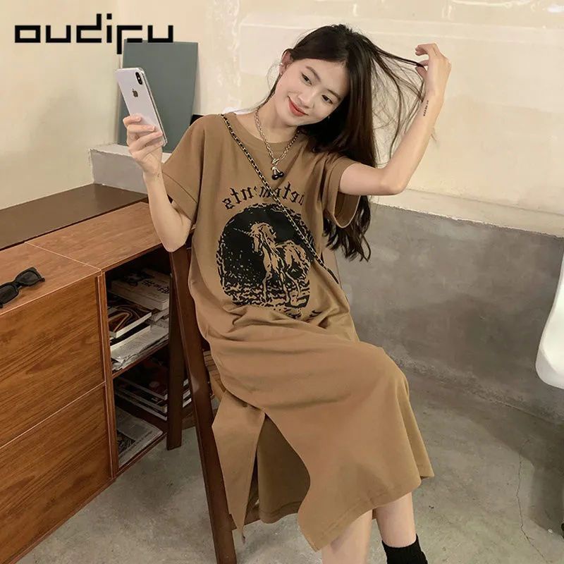 Đầm Chữ a Dài Đến Giữa Hè 100% Tay Ngắn Dáng Rộng Xẻ Tà Kiểu Pháp Cổ Điển Cho Nữ