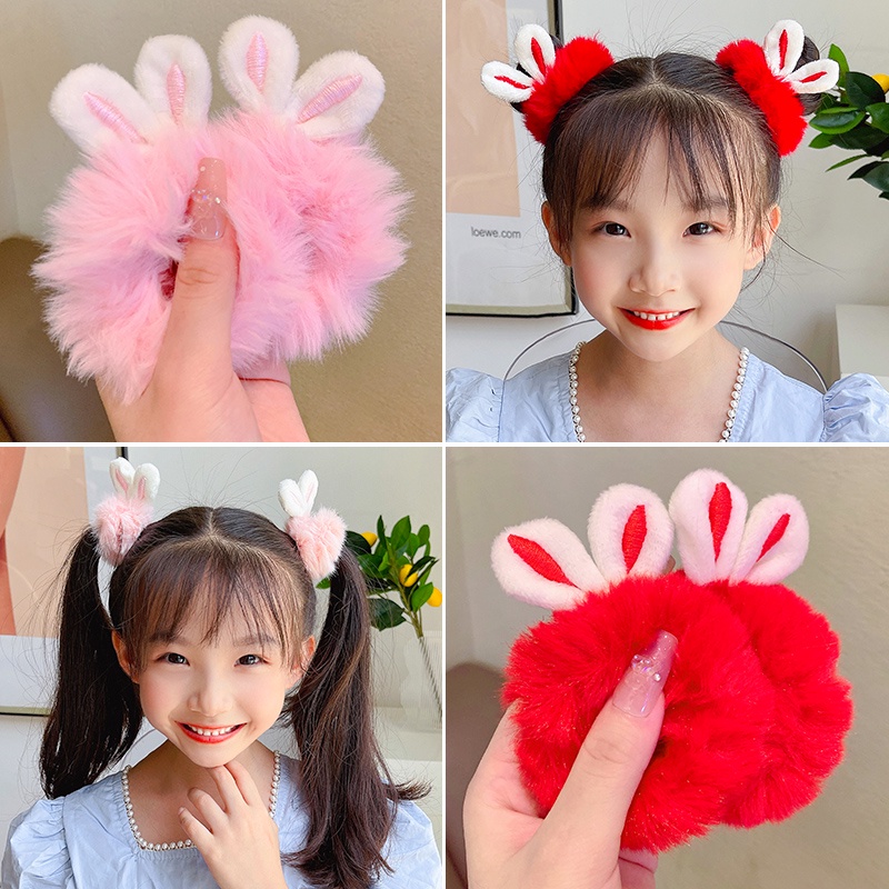Dây Cột Tóc Cao Su Hình Tai Thỏ Phối Lông Phong Cách Hàn Quốc Đơn Giản Dễ Thương