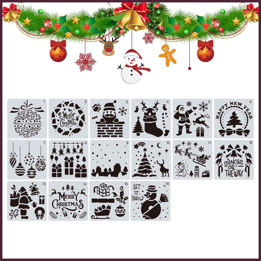 Set 16 Khuôn Vẽ Họa Tiết Giáng Sinh Trang Trí DIY Có Thể Tái Sử Dụng