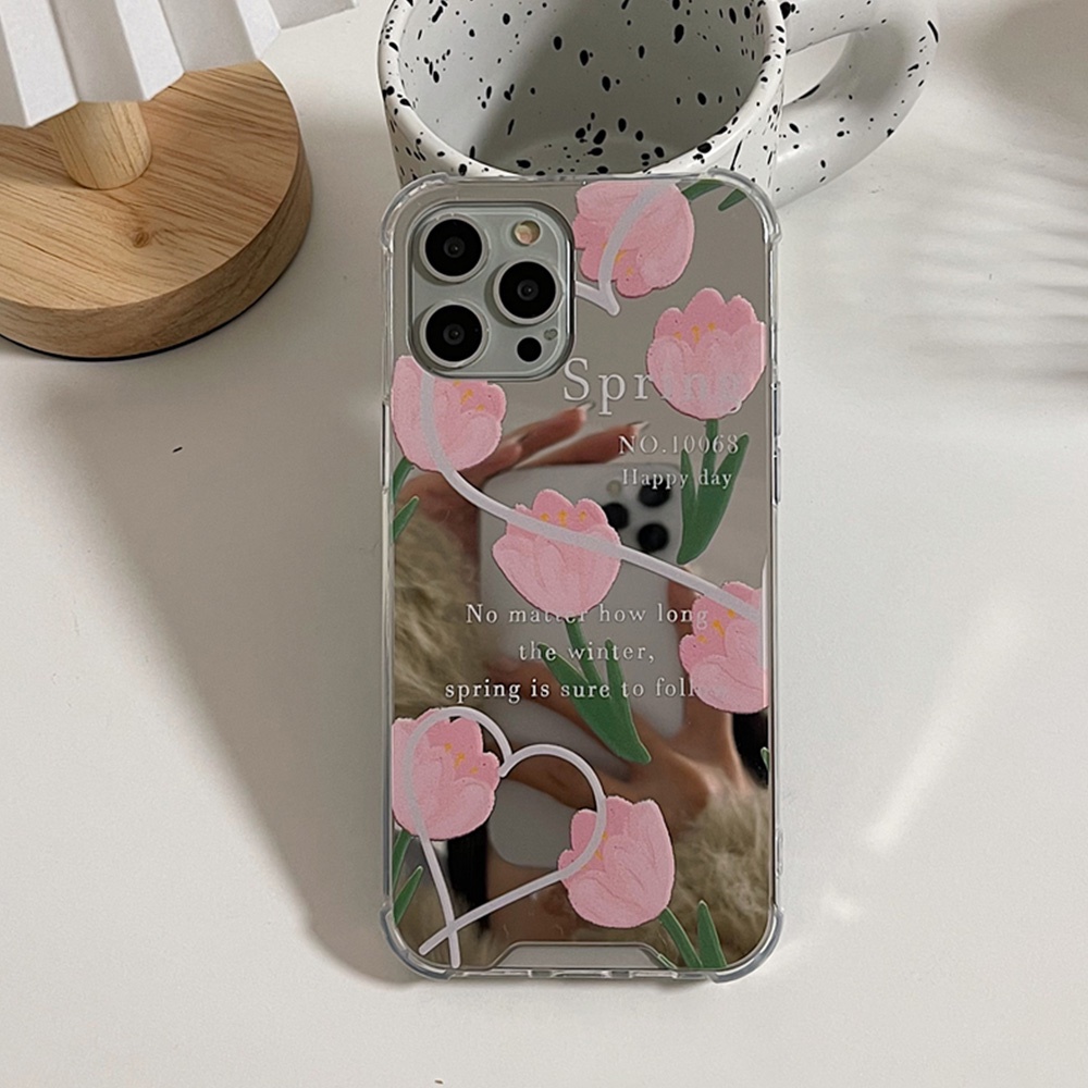 Ốp Điện Thoại TPU Dẻo Gắn Gương Trang Điểm In Hình Hoa Tulip Cho IPhone 13 12 11 Pro Max XS XR 8 7 Plus