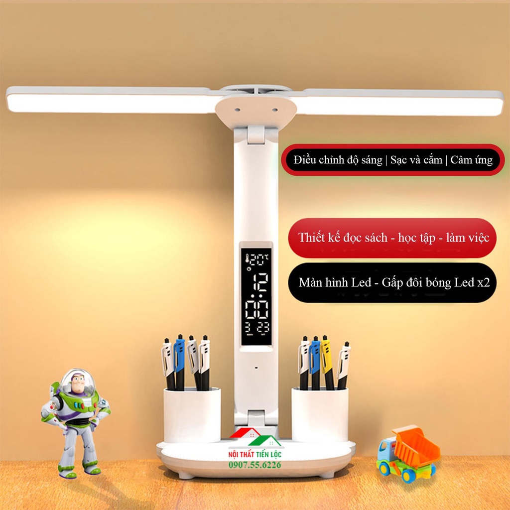 Đèn Led để bàn màn hình LCD 2 bóng LED, Dung lượng PIN lớn 3200MAH ,đèn học kèm hộc đựng bút, sạc cắm USB