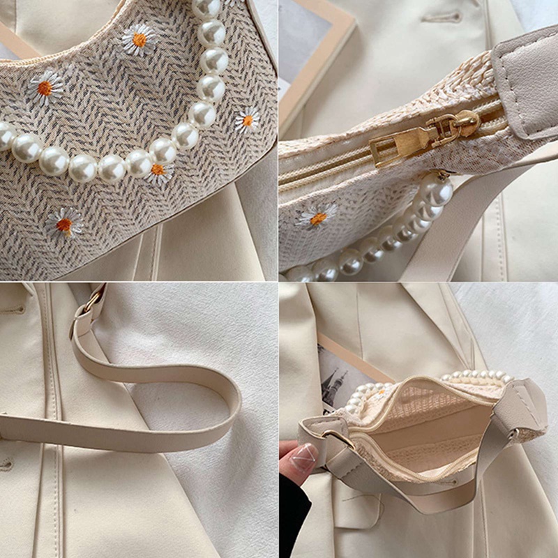 Túi Xách Đeo Dưới Cánh Tay In Hoa Cúc Đính Ngọc Trai Thời Trang Cho Nữ
