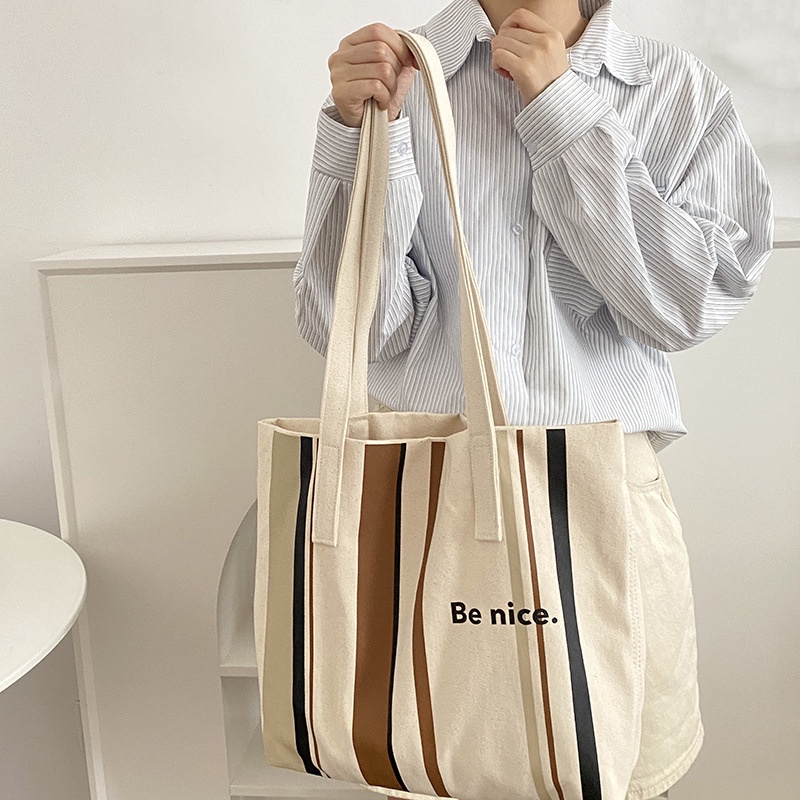 Túi Xách Canvas Cỡ Lớn Họa Tiết Kẻ Sọc Màu Tương Phản
