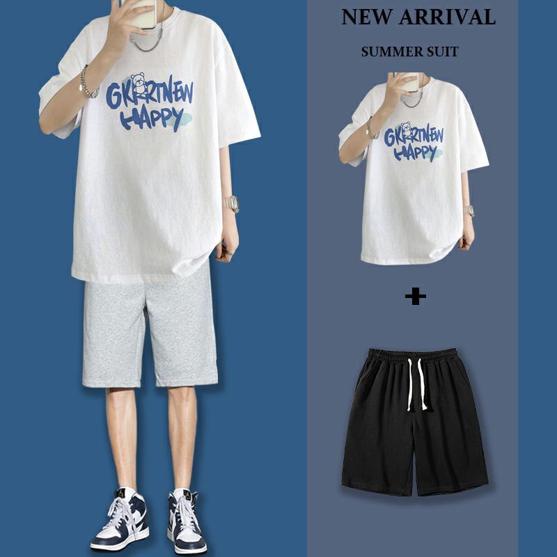 Set Áo Thun Tay Ngắn Cổ Tròn In Chữ + Quần Short Thời Trang Unisex size M-5XL