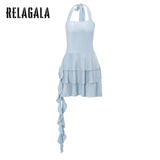 RelaGala Thời Trang Nữ Gợi Cảm Treo Cổ Lông Tơ Ruffle Đầm Ôm