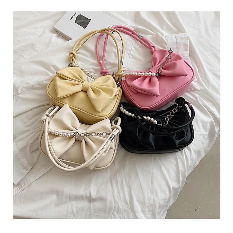 Favour Túi Xách Đeo Dưới Cánh Tay Đính Nơ Ngọc Trai Phối Dây Xích Thời Trang Mới Cho Nữ