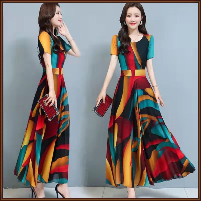 Đầm Tay Ngắn Cổ Tròn Lưng Cao Dáng Rộng Cỡ Lớn Thời Trang Xinh Xắn Cho Nữ