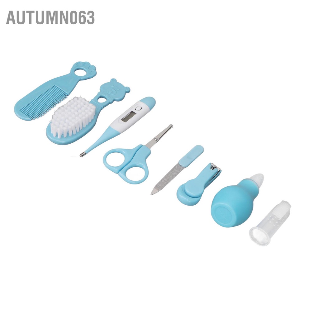 Autumn063 Bộ chăm sóc sức khỏe cho bé 8 chiếc trẻ sơ sinh kèm bàn chải tóc Bấm móng tay màu xanh