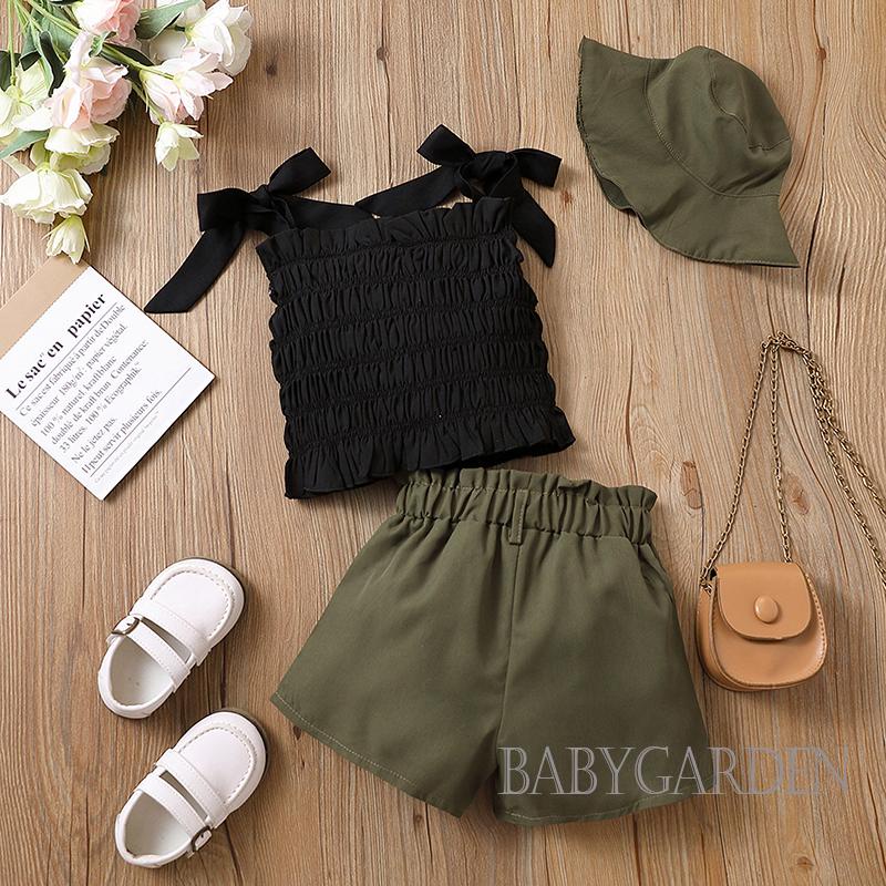 Bộ Áo Tank Top Hai Dây Màu Trơn + Quần Sooc Thời Trang Xinh Xắn Cho Bé Gái 2-7 Tuổi