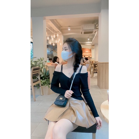 Áo Len Dài Tay QC Trễ Vai Mix 2 Dây Sexy