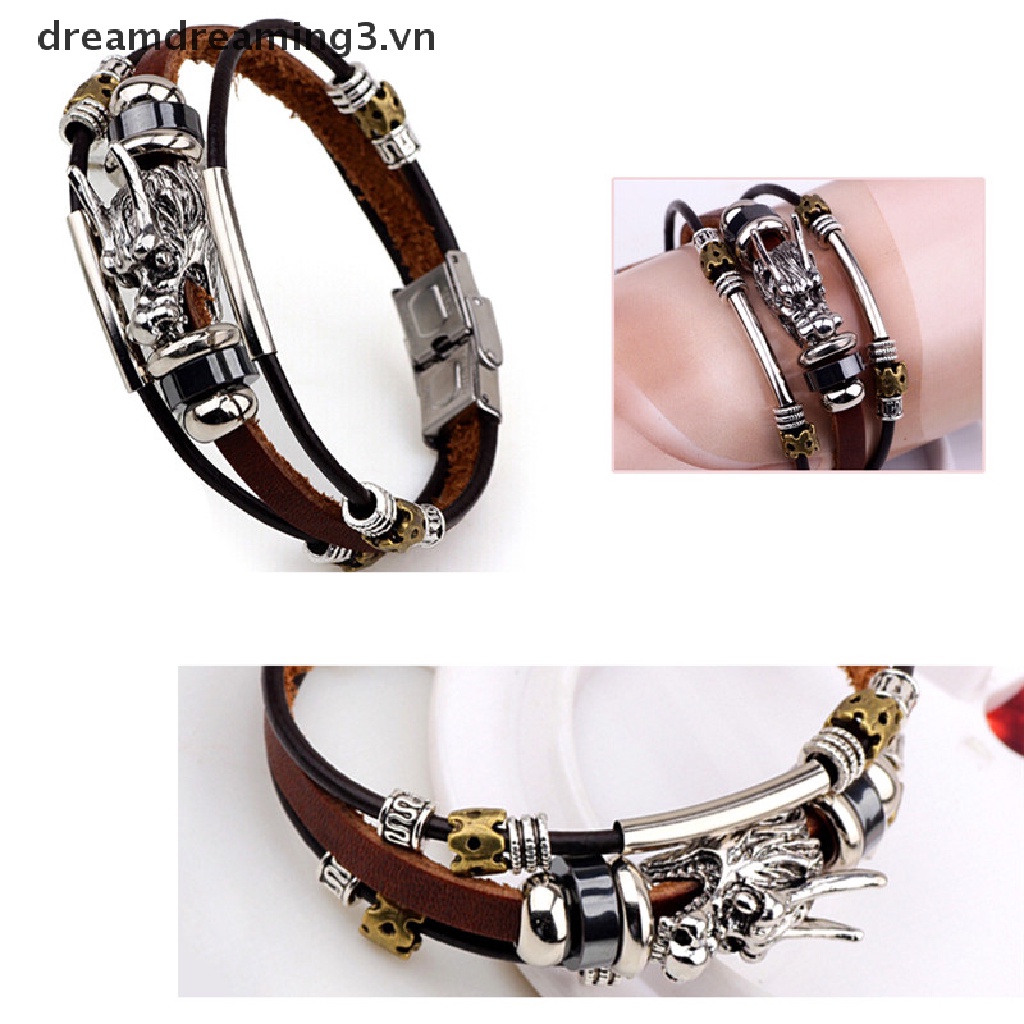(beauty) Vòng Tay Da Nhiều Lớp Màu Bạc Tây Tạng Parataxis Dragon Cho Nam Accessoires