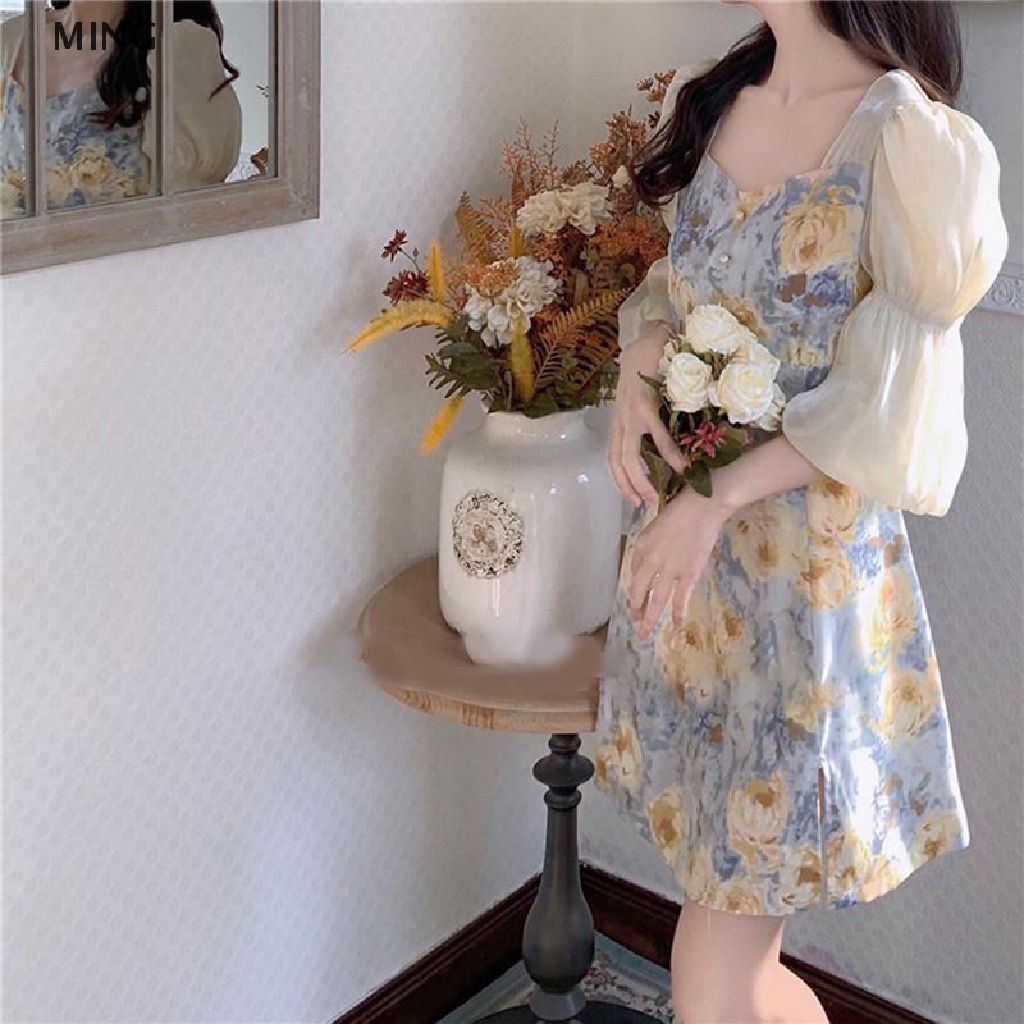 Ming Đầm Chiffon Cổ Vuông Mini Ghép Vải Hoa Phong Cách Retro Pháp Thời Trang Mùa Hè Dành Cho Bạn Nữ TH