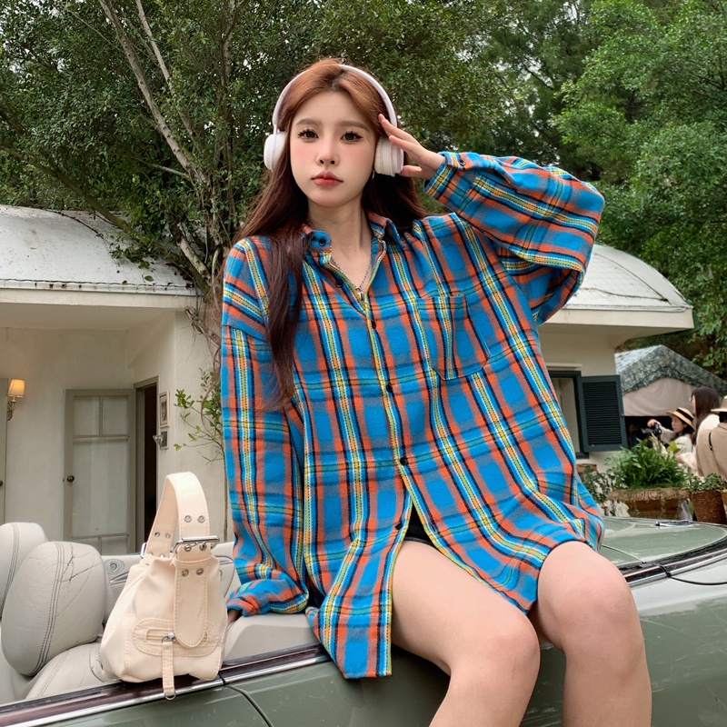 Áo Sơ Mi Caro Tay Dài Dáng Rộng Phối Màu Tương Phản Trẻ Trung Phong Cách Retro