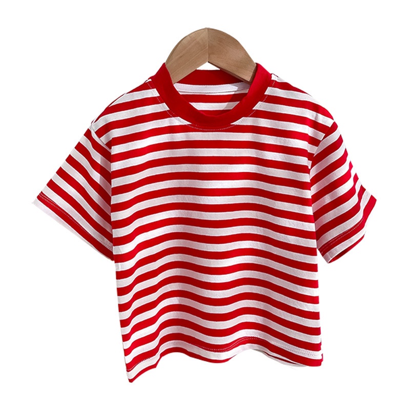 Áo Thun Cotton Ngắn Tay Cổ Tròn Họa Tiết Kẻ Sọc 80-150CM Thời Trang Mùa Hè Cho Bé Gái