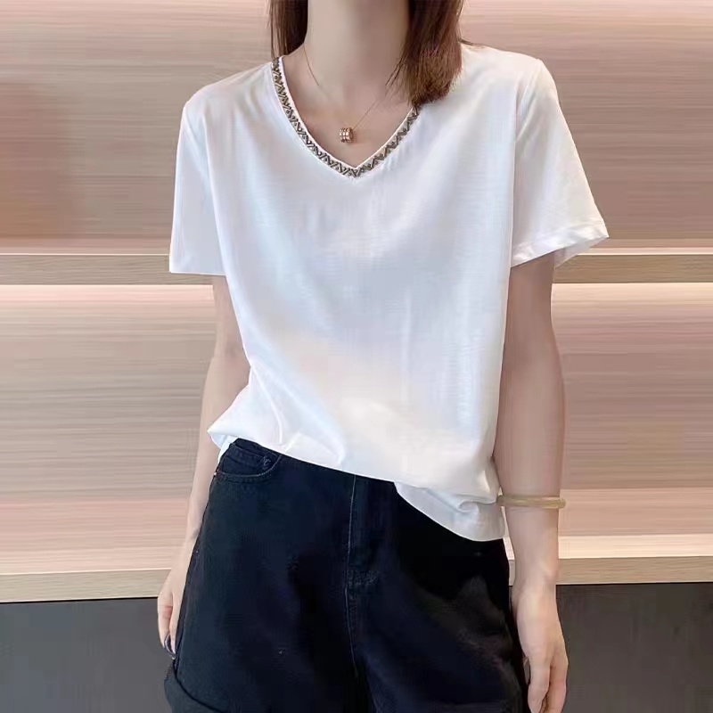 Áo Thun Cotton Nguyên Chất Đính Hạt Thủ Công Dáng Rộng Phong Cách Hàn Quốc Thời Trang Mùa Hè Dễ Phối Đồ Thoải Mái