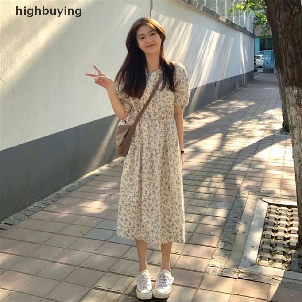 Đầm Midi Tay Ngắn Cổ Tròn In Họa Tiết Hoa Phong Cách Hàn Quốc Cho Nữ