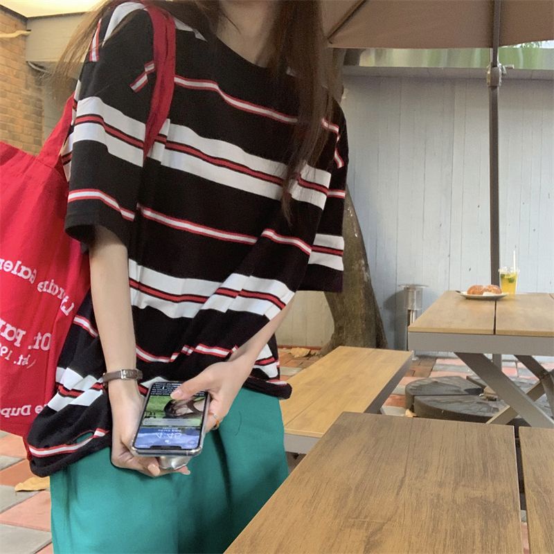 Áo Thun Ngắn Tay Dáng Rộng Họa Tiết Kẻ Sọc Màu Sắc Tương Phản Thời Trang Mùa Hè 2023 Cho Nữ