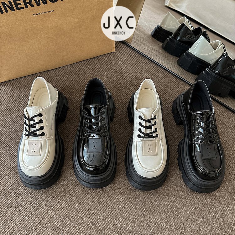 JINxCHOY Giày Da Oxford Đế Dày Mũi Tròn Màu Trơn Cột Dây Đơn Giản Thời Trang