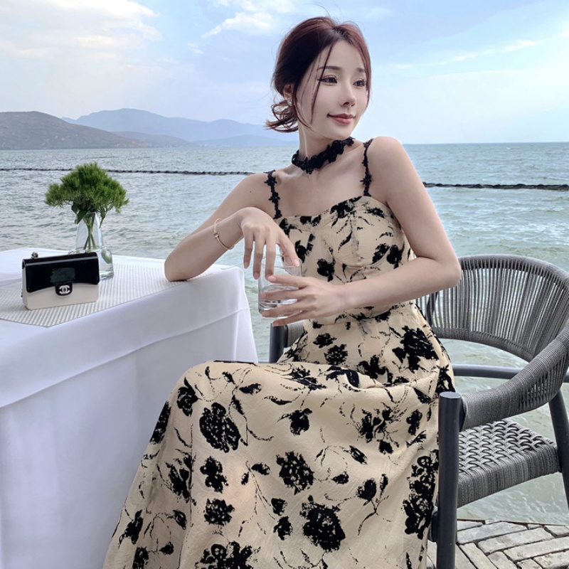 Đầm Midi Hai Dây Họa Tiết Hoa Phong Cách Retro Hàn Quốc Cho Nữ