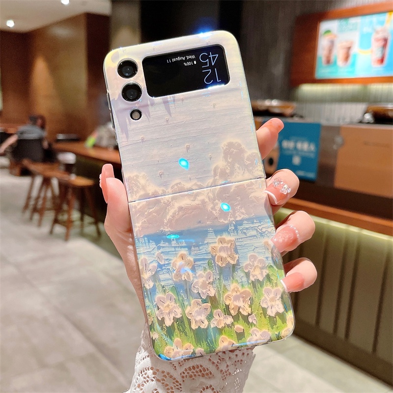 Samsung galaxy z flip5 4 3 5g blu-ray mới vỏ đẹp graffiti tranh sơn dầu chủ đề hoa bảo vệ toàn bộ vòng tròn bảo vệ sáng tạo vỏ cho samsung galaxy z cover