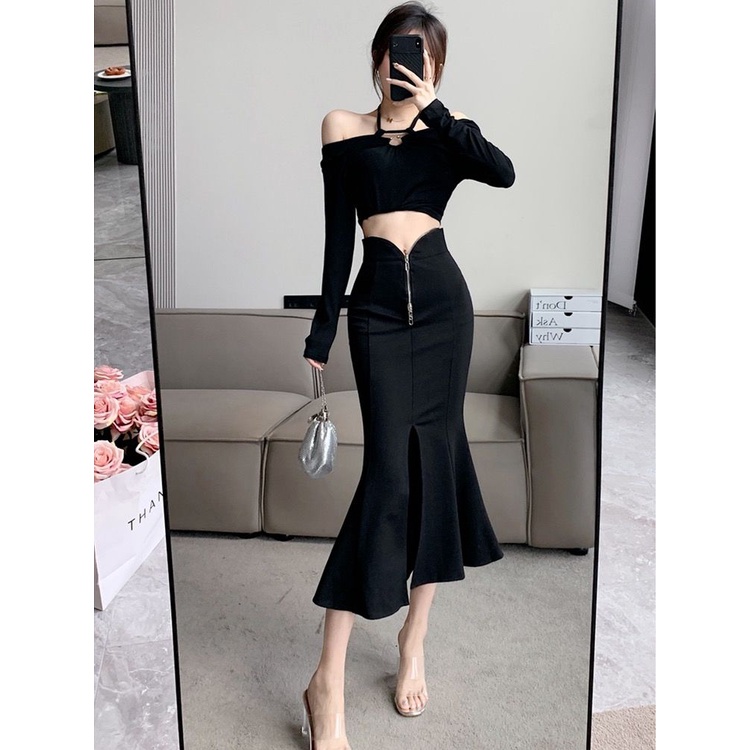 Chân Váy Đuôi Cá Dáng Chữ A Lưng Cao Màu Đen Thời Trang Thu Đông 2023