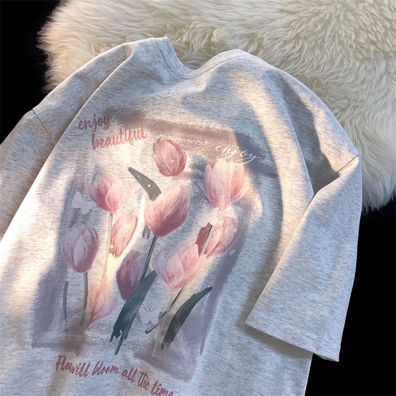 Áo Thun 100% Cotton Tay Ngắn Dáng Rộng Họa Tiết Hoa Tulip Thời Trang Mùa Hè Cho Nữ