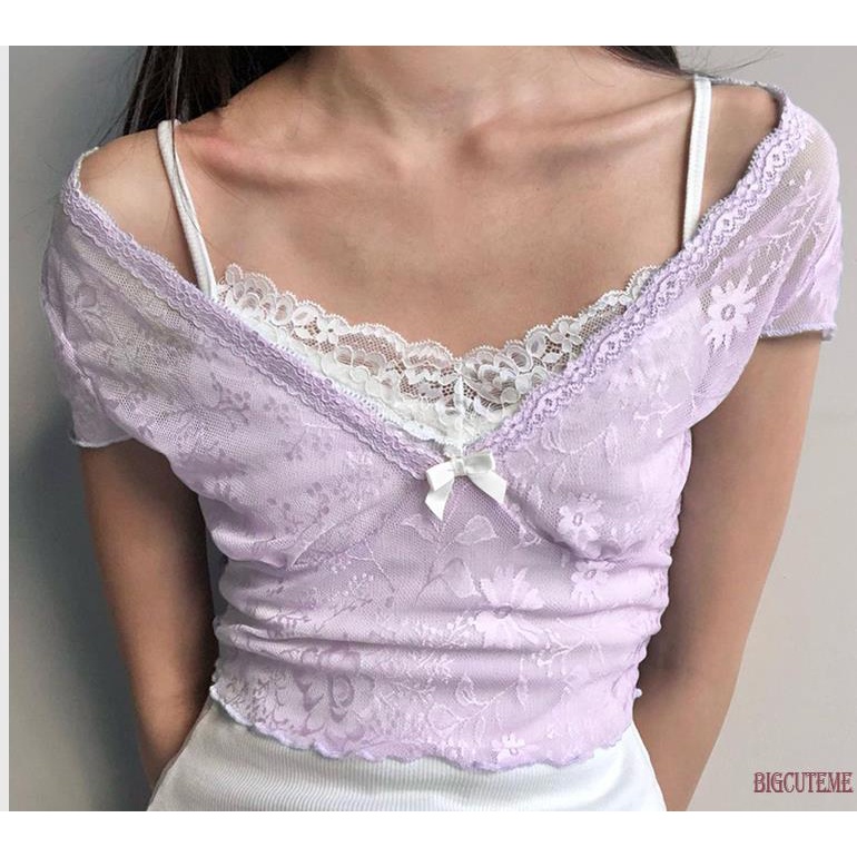 [] Áo Crop Top Nữ Tay Ngắn Phối Ren Áo Thun Kiểu Dáng Kawaii Đáng Yêu
