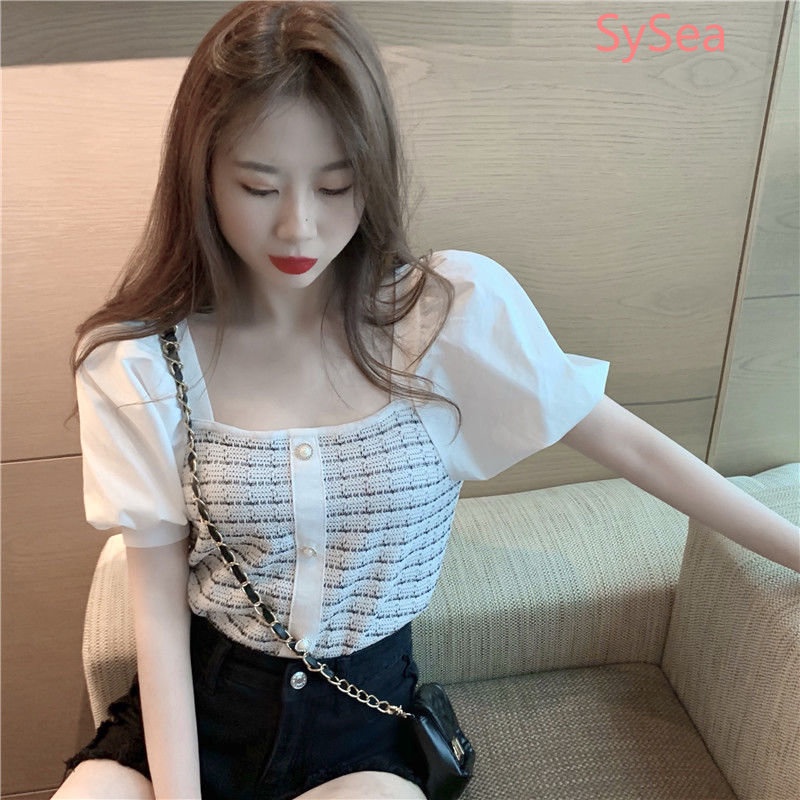 Áo Dệt Kim Tay Phồng Cổ Vuông Thời Trang Pháp Cho Nữ