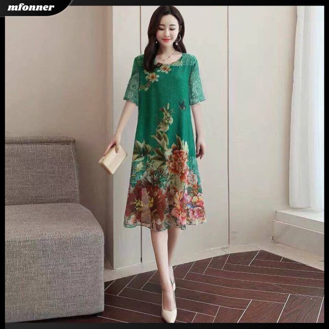 Đầm Chữ A Tay Ngắn Dáng Rộng Cổ Tròn In Họa Tiết Dân Tộc Cổ Điển Dành Cho Bạn Nữ