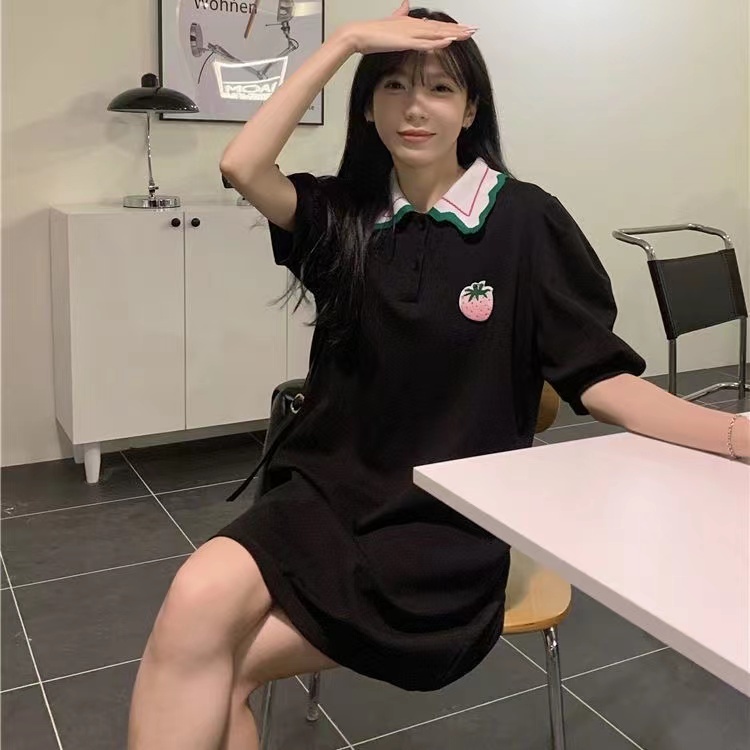 Nzn Đầm Tay Ngắn Phồng Cổ Bẻ In Hình Dâu Tây Thời Trang Cho Nữ