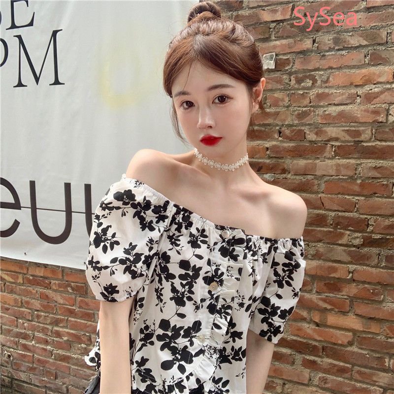 Áo Kiểu Tay Phồng Cổ Vuông Họa Tiết Hoa Phong Cách Hàn Quốc