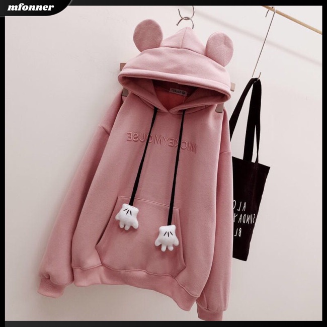 Áo Khoác Chui Đầu Tay Dài Dáng Rộng Lót Lông Cừu Giữ Ấm In Hình Tai Dễ Thương Thời Trang Cho Bạn Gái