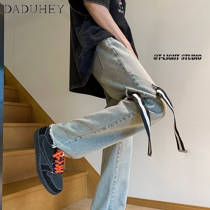 DaDuHey Hong Kong Style Hip Hop Ins Handsome Loose All-Matching Casual Pants Men's 2023 New Summer High Street Fashion Personalized Ribbon Jeans
