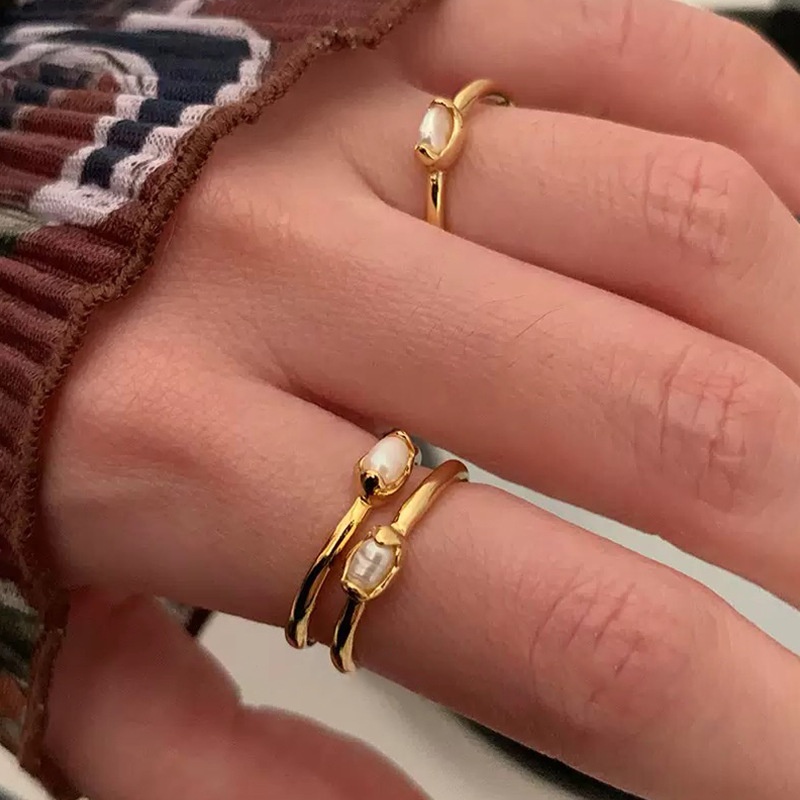 Nhẫn Hở Đính Ngọc Trai Kim Loại Phong Cách Retro Hàn Quốc Cho Nữ