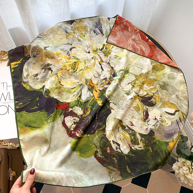 Khăn Quàng Cổ 65 * 65cm Chất Liệu Lụa Mulberry In Họa Tiết Tranh Sơn Dầu Cổ Điển Phong Cách Trung Hoa Cho Nữ