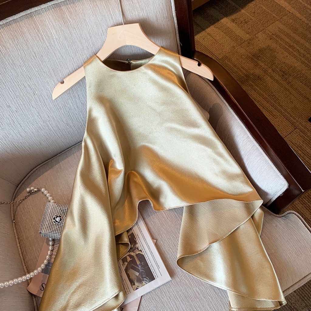 Áo Satin Không Tay Cổ Tròn Dáng Rộng Thời Trang Mùa Hè Pháp Cao Cấp Dành Cho Nữ